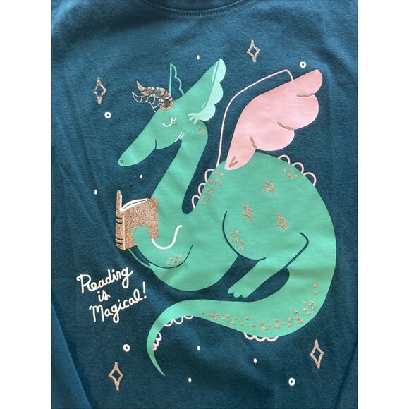 Cat & Jack Kids Green Reading Dragon Shirt Size M (7/8) - Picture 2 of 5